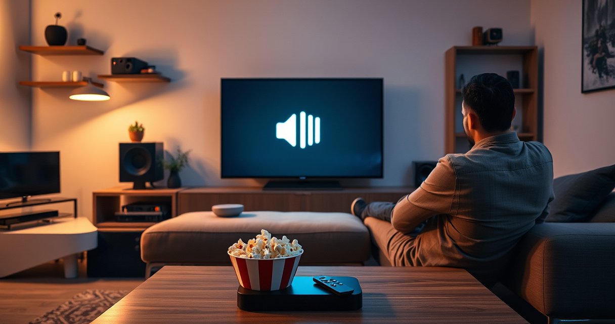A frustrated user sitting on a modern couch, surrounded by a sleek living room filled with tech gadgets, staring at a glowing Apple TV screen displaying a volume icon with a crossed-out symbol. Empty popcorn bowl and remote control on the coffee table, soft ambient lighting enhances the scene's tension, conveying a sense of urgency.