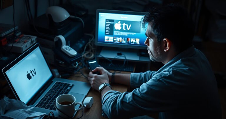 A frustrated person sitting at a cluttered desk, surrounded by tangled wires and devices, staring at a glowing laptop screen displaying the Apple TV interface. Nearby, crumpled subscription papers and a half-drunk coffee cup capture the essence of confusion. The room is dimly lit, creating a moody atmosphere filled with tension and urgency.