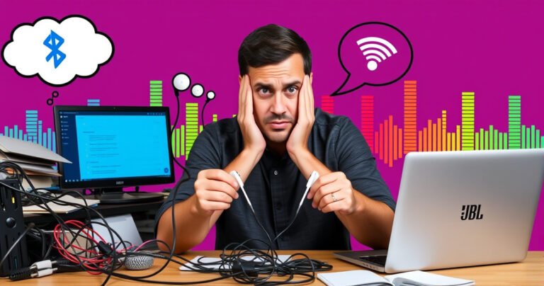 A frustrated person sitting at a cluttered desk, surrounded by tangled wires and a laptop displaying Bluetooth settings. In their hands, a pair of sleek JBL earbuds. A thought bubble shows a glowing Wi-Fi symbol. The background features colorful soundwave graphics, embodying the struggle of connection challenges in a vibrant, dynamic style.