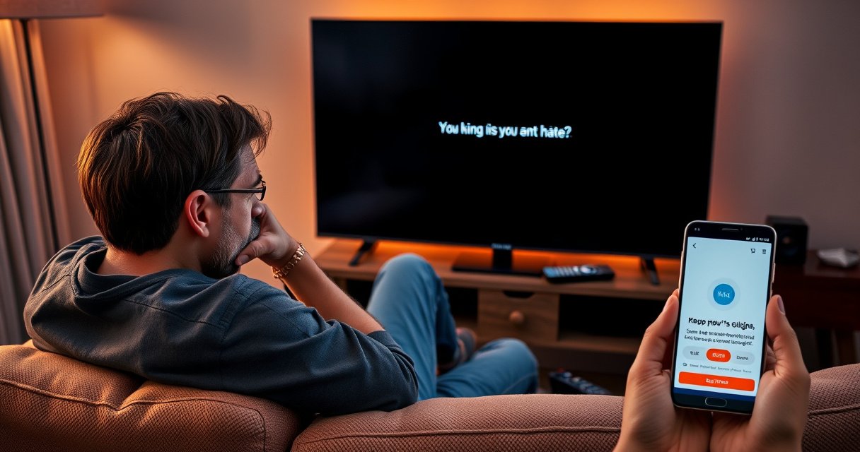A frustrated user sitting on a cozy couch, gazing at a dark Samsung TV screen displaying an error message. Surrounding them are scattered remote controls and a smartphone showing the Max app. Warm ambient light fills the room, contrasting with the user’s furrowed brow, capturing the struggle of technology and the search for solutions.