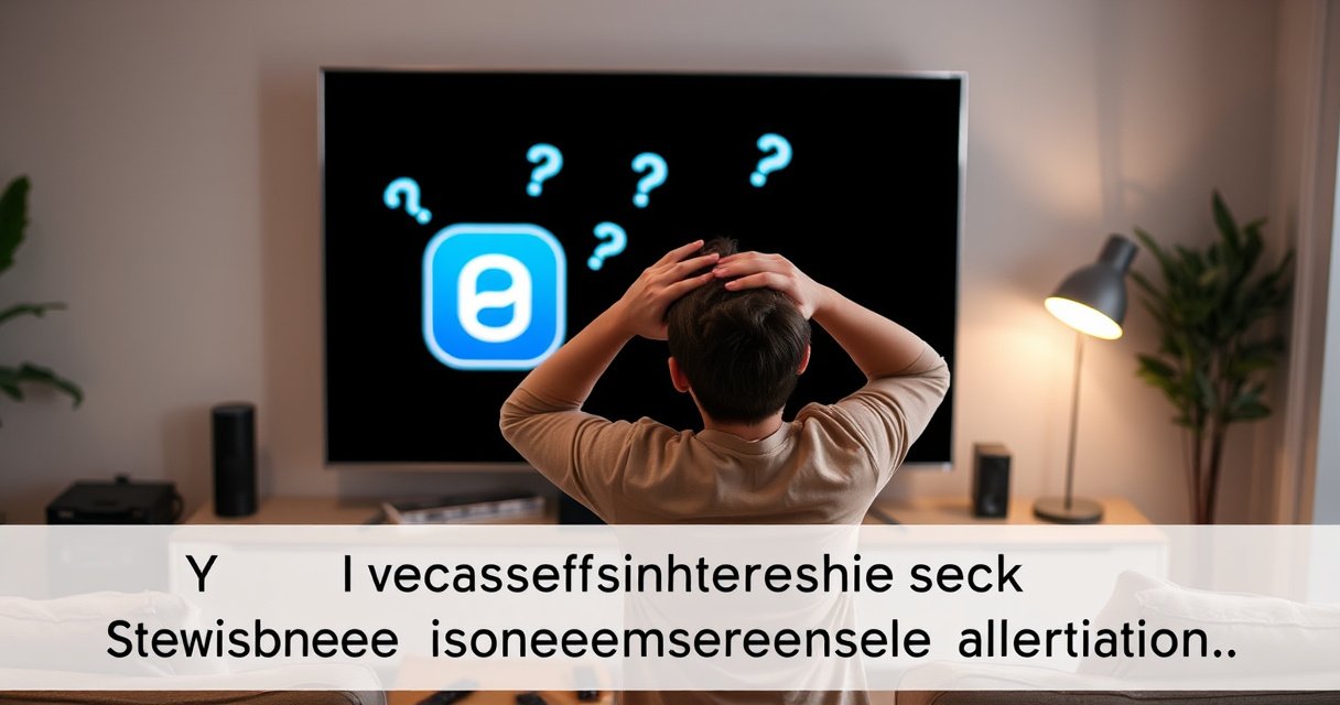 A frustrated user stands in front of a sleek Samsung TV, scratching their head in confusion. The screen displays the Alexa app logo surrounded by question marks. A cozy living room setting, soft lighting, and scattered remote controls create a relatable, tech-savvy atmosphere, inviting readers to discover quick solutions to their smart device dilemma.