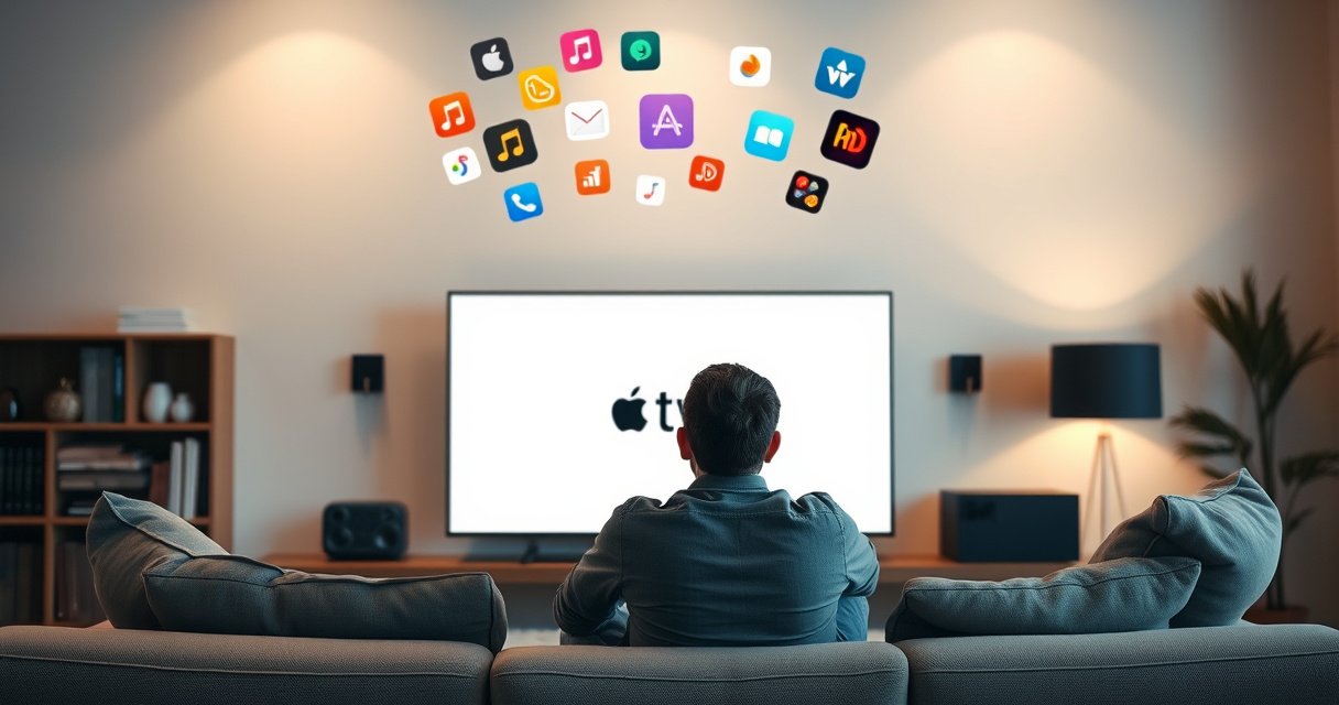A frustrated user sitting on a modern living room couch, surrounded by smart devices, staring at a blank Apple TV screen. Bright, colorful app icons float above, representing the elusive App Store. Soft ambient lighting highlights the sleek design of the TV and the cozy atmosphere, hinting at a tech-savvy solution just out of reach.