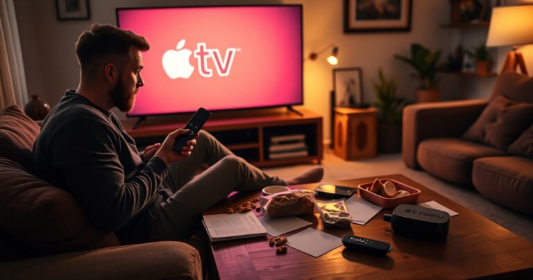 A frustrated user sitting in a cozy living room, remote in hand, surrounded by a glowing TV displaying a puzzled Apple TV logo. Soft lighting casts shadows on a coffee table cluttered with snacks and notes, while a Roku device sits prominently nearby, symbolizing a tech struggle. Warm, inviting decor highlights the tension of modern entertainment challenges.
