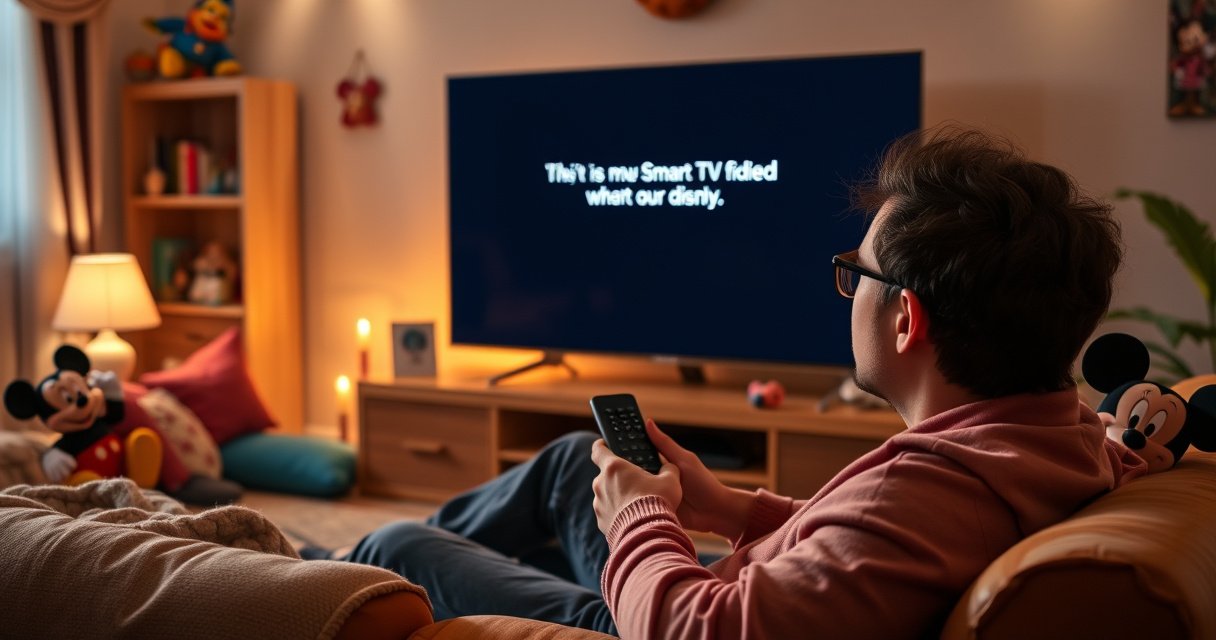 A frustrated person sitting on a cozy couch, remote in hand, surrounded by colorful Disney-themed decorations, with a large Samsung Smart TV displaying a confusing error message. Bright, cheerful Disney characters peek from the edges, while the room is softly lit, creating a warm yet perplexed atmosphere.