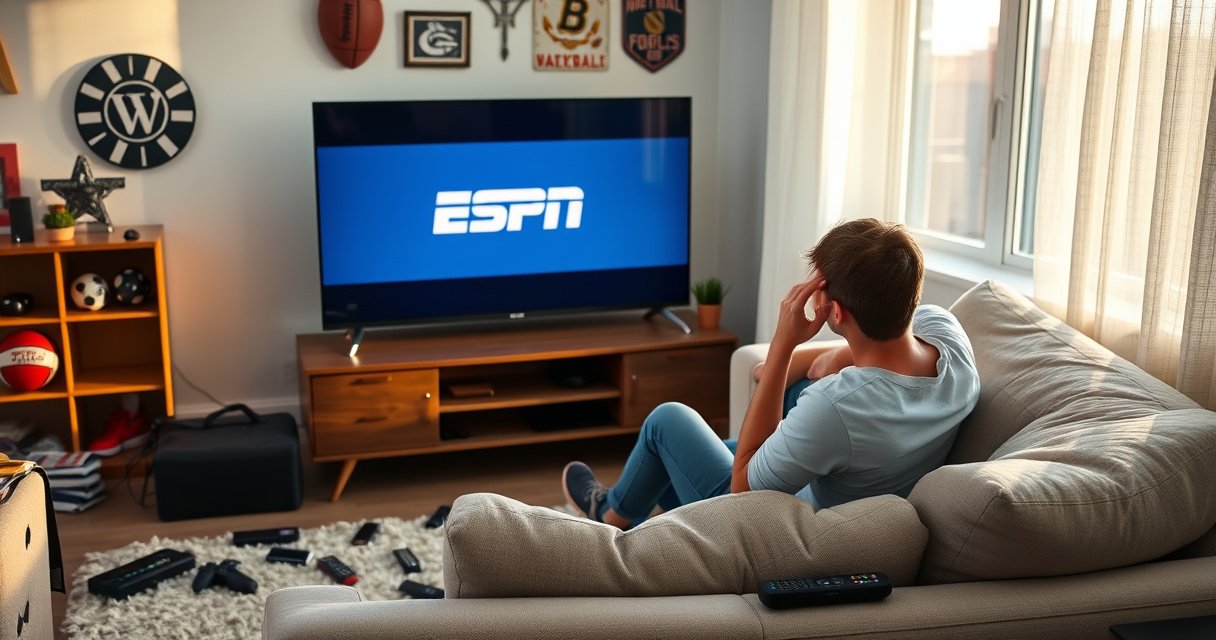 A frustrated person sitting on a modern couch, staring at a sleek LG Smart TV displaying a blank screen. Surrounding them are remotes and gadgets scattered about. Soft evening light filters through a window, casting shadows, while sports memorabilia decorates the room, emphasizing the urgency of finding the ESPN app.