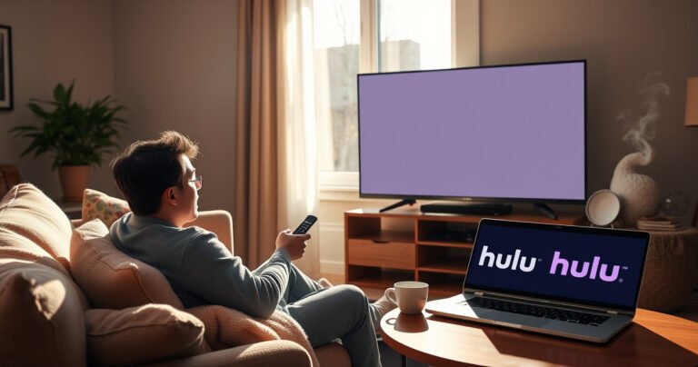 A frustrated user sitting in a cozy living room, surrounded by plush pillows and a warm blanket, staring at a sleek Vizio TV with a blank screen, remote in hand. Bright sunlight streams through the window, casting playful shadows, while a nearby coffee table holds a steaming cup and a laptop displaying a vibrant Hulu logo.