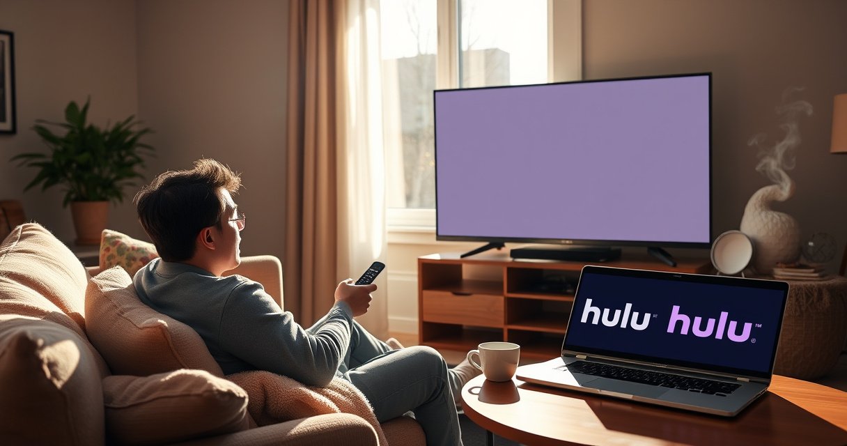 A frustrated user sitting in a cozy living room, surrounded by plush pillows and a warm blanket, staring at a sleek Vizio TV with a blank screen, remote in hand. Bright sunlight streams through the window, casting playful shadows, while a nearby coffee table holds a steaming cup and a laptop displaying a vibrant Hulu logo.