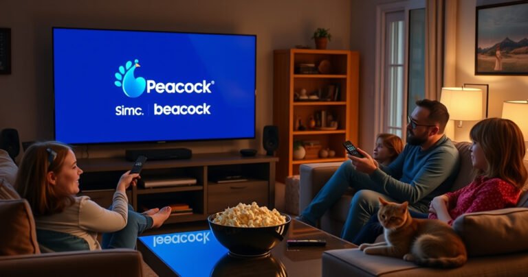 A cozy living room with a large Samsung TV displaying the Peacock app logo, surrounded by a family eagerly troubleshooting their remote. Soft lighting casts a warm glow, highlighting a bowl of popcorn on the coffee table and a cat lounging nearby, creating a welcoming atmosphere of home entertainment and technology.