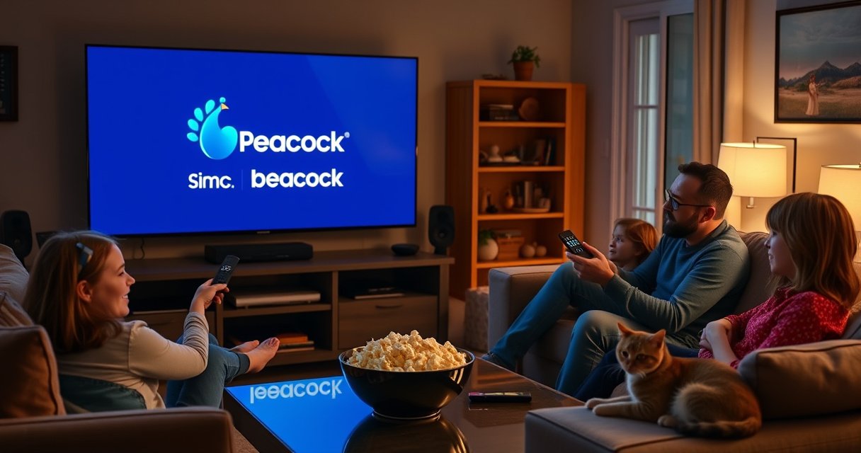 A cozy living room with a large Samsung TV displaying the Peacock app logo, surrounded by a family eagerly troubleshooting their remote. Soft lighting casts a warm glow, highlighting a bowl of popcorn on the coffee table and a cat lounging nearby, creating a welcoming atmosphere of home entertainment and technology.