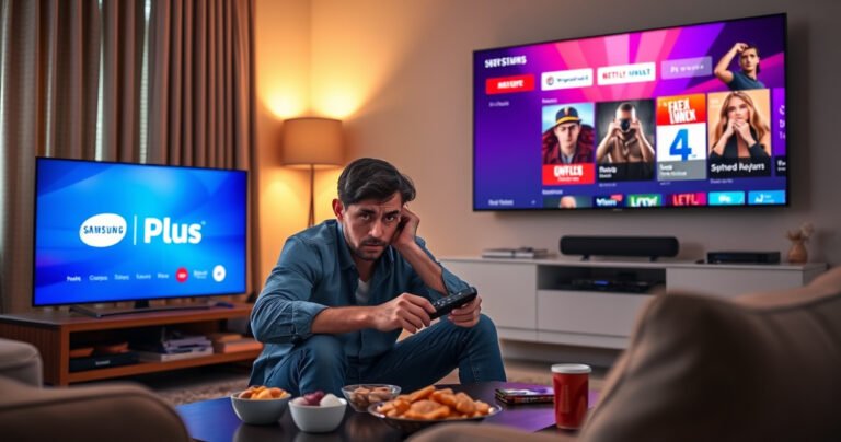 A frustrated person sitting in a cozy living room, surrounded by a sleek Samsung TV, searching for the Samsung TV Plus app on a remote, soft lighting illuminating the room, a coffee table cluttered with snacks, and a vibrant wall-mounted display showcasing colorful streaming options, conveying urgency and the need for a quick solution.