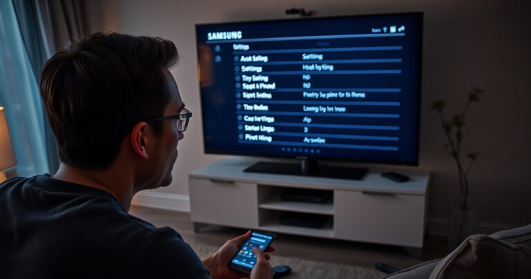 A close-up of a frustrated user staring at a sleek Samsung TV, illuminated in a cozy living room. The screen displays a confusing settings menu. Surrounding them are scattered remote controls and a smartphone, hinting at the search for solutions. Soft ambient light casts shadows, highlighting the tension of technology troubleshooting.