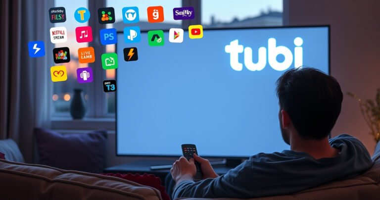 A frustrated person sitting on a cozy couch, remote in hand, looking at a blank Samsung TV screen. Bright colorful icons of various streaming apps float above, while a glowing Tubi logo sparkles in the background. Soft evening light filters in through a window, creating a warm, inviting atmosphere despite the tech troubles.