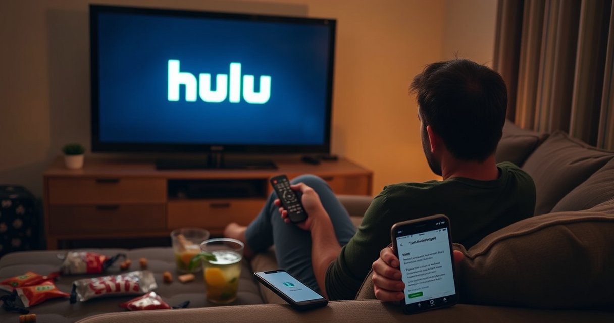 A frustrated person sitting on a cozy couch, remote in hand, staring at a dark television screen displaying the Hulu logo. Surrounding them are scattered snacks, a half-finished drink, and a smartphone with a troubleshooting guide open. Soft warm lighting casts a relaxed atmosphere, contrasting the person's puzzled expression as they seek to resolve the login issue.
