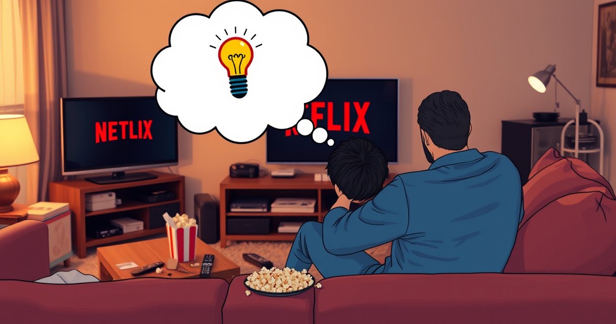 A frustrated user, sitting on a cozy couch, stares at a Samsung TV displaying the Netflix logo, surrounded by popcorn and snacks. The living room is warmly lit, showcasing a chaotic mix of remote controls and devices. A thought bubble appears above their head with a light bulb, symbolizing a moment of realization and solution.