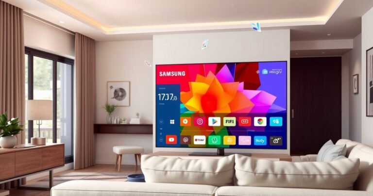 A sleek Samsung Smart TV displaying a vibrant, colorful interface showcasing the latest software version. Surrounding the TV, an inviting living room with modern decor, soft lighting, and a cozy couch, emphasizing the integration of technology and comfort. A subtle hint of digital elements like app icons and notifications floating in the air, suggesting connectivity and innovation.