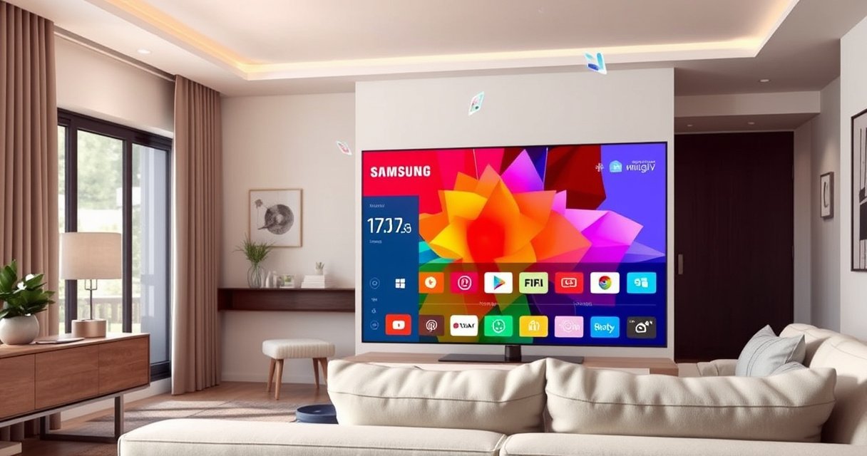 A sleek Samsung Smart TV displaying a vibrant, colorful interface showcasing the latest software version. Surrounding the TV, an inviting living room with modern decor, soft lighting, and a cozy couch, emphasizing the integration of technology and comfort. A subtle hint of digital elements like app icons and notifications floating in the air, suggesting connectivity and innovation.