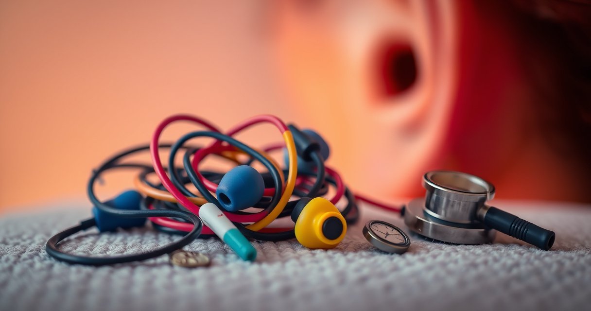 A close-up of colorful, tangled earbuds resting on a soft, textured surface, surrounded by tiny medical icons like a stethoscope, a bacteria symbol, and a magnifying glass. In the background, a blurred human ear silhouette emphasizes the connection, while soft, ambient lighting creates a warm, inviting feel, inviting curiosity about health and technology.