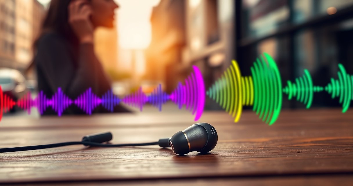 A close-up of a pair of sleek, modern earbuds resting on a wooden table, surrounded by sound waves visually represented in vibrant colors, with a silhouette of a person in the background, gently holding their ear in contemplation, conveying a sense of curiosity and concern about hearing health amidst a lively urban setting.