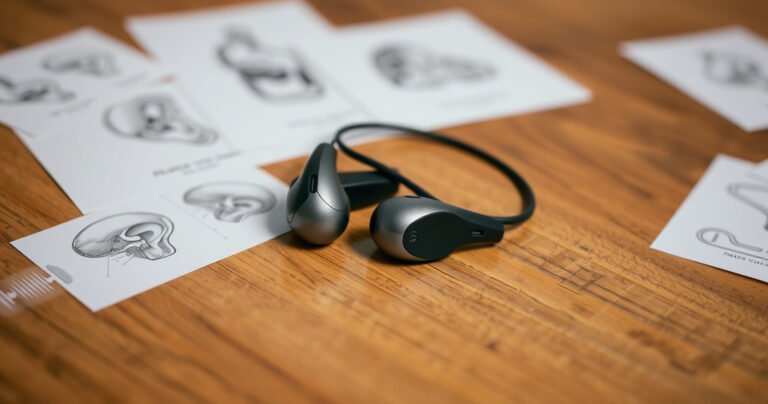 A close-up of a pair of sleek, modern earbuds resting on a wooden table, surrounded by a scattering of medical diagrams illustrating ear anatomy. Soft lighting highlights the earbuds' design, while a faint soundwave graphic pulses in the background, symbolizing sound and health, evoking a sense of curiosity and caution about ear safety.