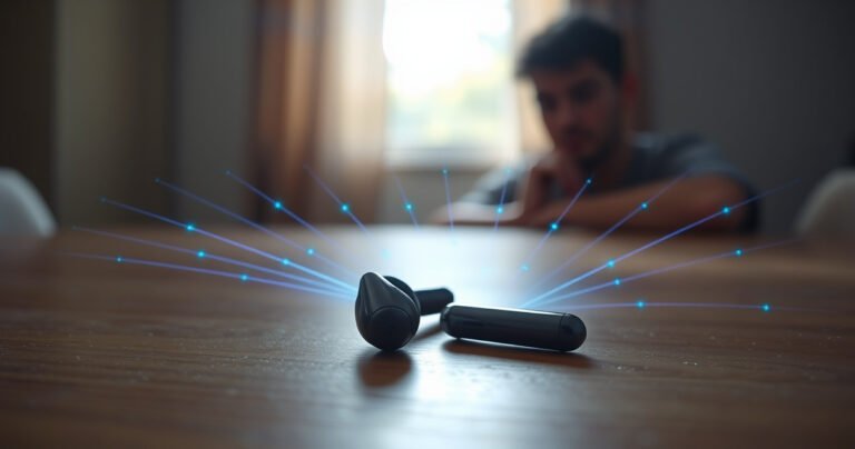 A close-up of sleek, modern earbuds resting on a wooden table, surrounded by a faint glow of blue and green electromagnetic waves radiating outward. In the background, a blurred silhouette of a concerned person, pondering the implications of technology. Soft natural light streams in, illuminating the scene with a sense of curiosity and caution.