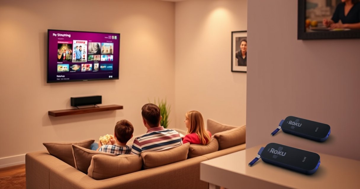 A cozy living room with a modern smart TV mounted on a wall, displaying vibrant streaming options. A family sits together on a plush sofa, popcorn in hand, illuminated by soft, warm lighting. In the corner, a sleek Roku device sits on a stylish shelf, blending seamlessly with the decor, inviting viewers to explore entertainment possibilities.