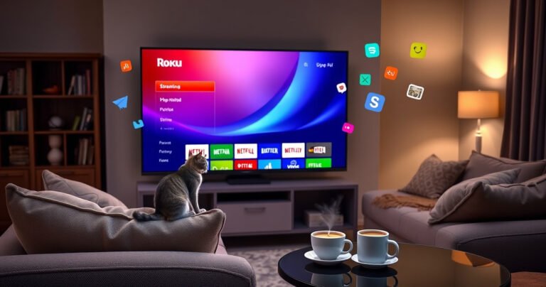 A cozy living room featuring a sleek smart TV displaying a vibrant Roku interface, surrounded by plush sofas and soft lighting. A curious cat perched on the armrest, gazing at the screen. Colorful streaming icons float around the TV, symbolizing choice and convenience, while a steaming cup of coffee rests on a nearby table.
