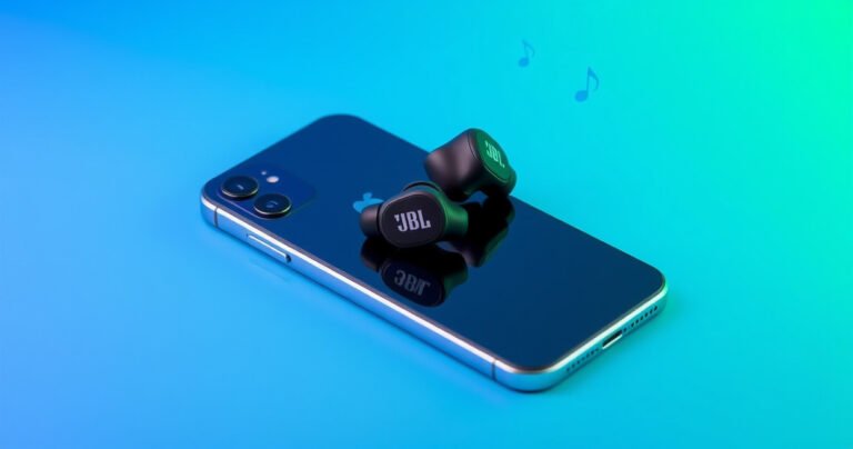 A sleek pair of JBL earbuds resting on a modern iPhone, surrounded by a vibrant gradient background of blue and green, with sound waves emanating from the earbuds. The scene conveys a sense of connectivity and freedom, featuring subtle hints of music notes and technology to emphasize compatibility and modern lifestyle.