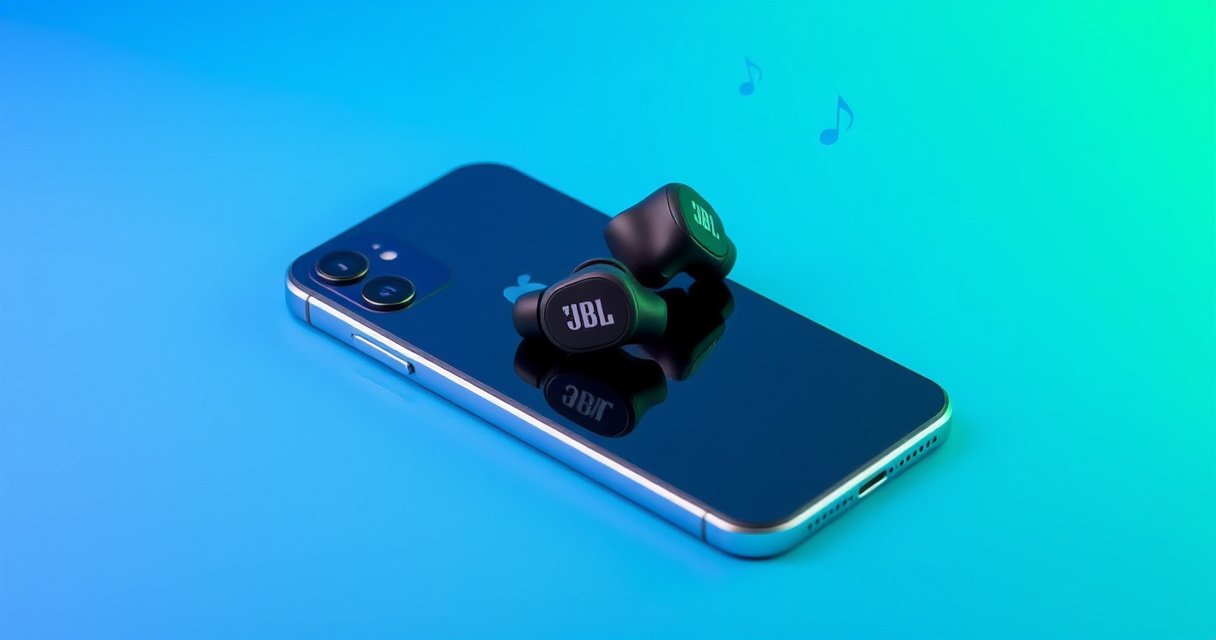 A sleek pair of JBL earbuds resting on a modern iPhone, surrounded by a vibrant gradient background of blue and green, with sound waves emanating from the earbuds. The scene conveys a sense of connectivity and freedom, featuring subtle hints of music notes and technology to emphasize compatibility and modern lifestyle.