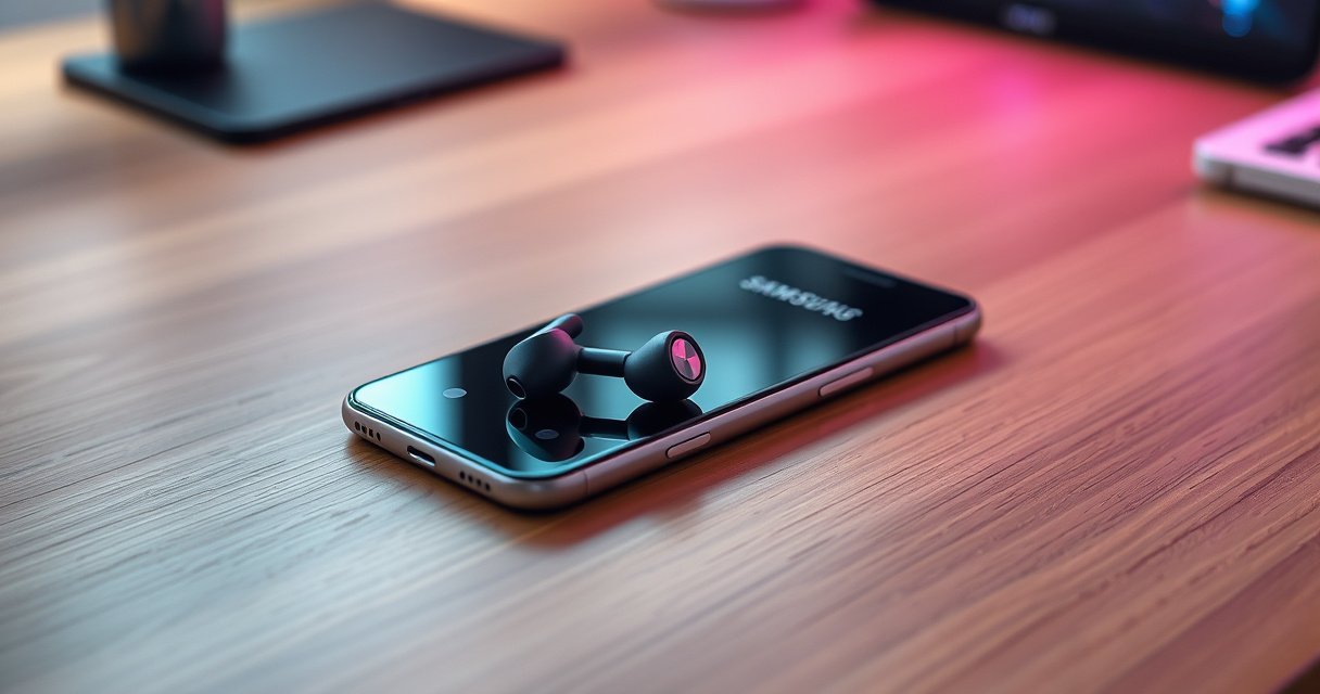 A sleek pair of Samsung earbuds elegantly resting on a modern wooden desk, surrounded by a stylish iPhone, vibrant sound waves visually emanating from the devices, a soft glow of ambient light highlighting their connectivity, with subtle tech-themed elements in the background illustrating compatibility and harmony between the two brands.