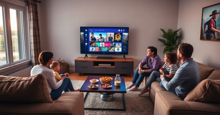 A cozy living room featuring a sleek smart TV displaying vibrant streaming content, surrounded by plush furniture and soft lighting. A family of four engages in a lively discussion while snacks are scattered on a coffee table. A window reveals a sunset glow, creating a warm, inviting atmosphere that highlights modern technology in everyday life.