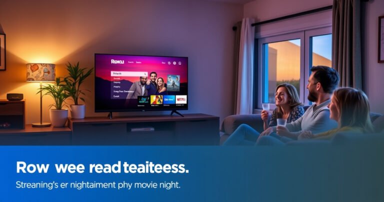 A cozy living room featuring a sleek smart TV displaying the Roku interface, surrounded by a comfortable couch with snacks and drinks, soft ambient lighting creating a warm atmosphere, a window showing a sunset outside, and a happy family enjoying a movie night together, emphasizing the ease of streaming entertainment.