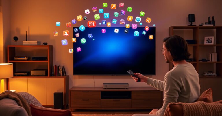 A sleek Vizio Smart TV glowing in a cozy living room, surrounded by colorful app icons floating around it like a digital cloud, a person excitedly using a remote, vibrant light from the screen illuminating their face, shelves adorned with tech gadgets, and a warm atmosphere, inviting viewers to enhance their entertainment experience.