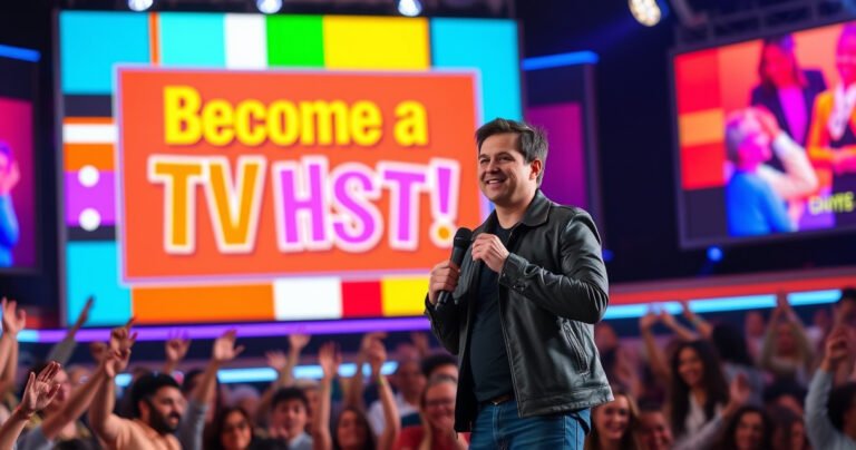 A confident individual standing on a vibrant stage with bright lights, holding a microphone, surrounded by a cheering audience. The backdrop features colorful graphics of a television screen displaying "Become a TV Host!" in bold letters. The atmosphere is energetic and inspiring, showcasing excitement and ambition in the world of broadcasting.