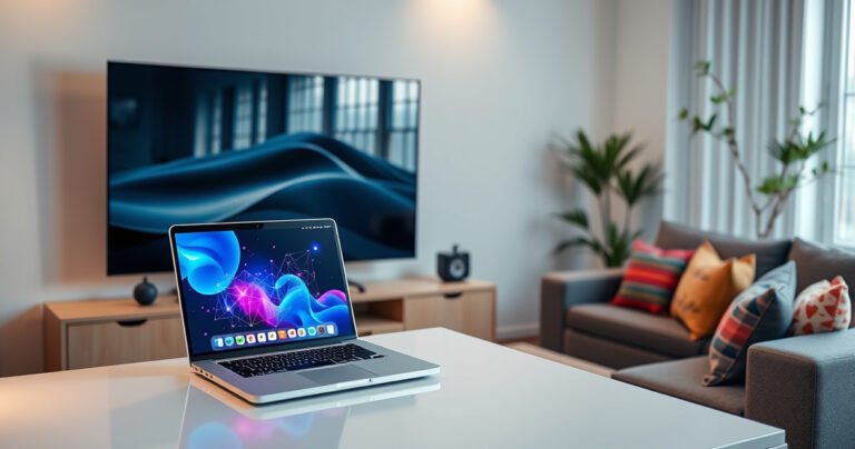 A sleek MacBook perched on a modern desk, its screen glowing with a vibrant connection interface, while a large flat-screen TV displays a mirrored desktop. Soft ambient lighting fills the cozy room, showcasing a stylish living space with a comfortable couch, colorful throw pillows, and a plant in the corner, inviting the viewer to explore seamless connectivity.
