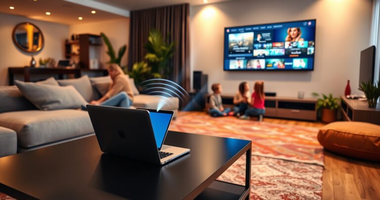 A modern living room with a sleek laptop on a stylish coffee table, beams of light connecting wirelessly to a large flat-screen TV on the wall. The cozy space is adorned with soft cushions, a colorful rug, and plants, while a family enjoys streaming content together, illuminated by the warm glow of the screen.