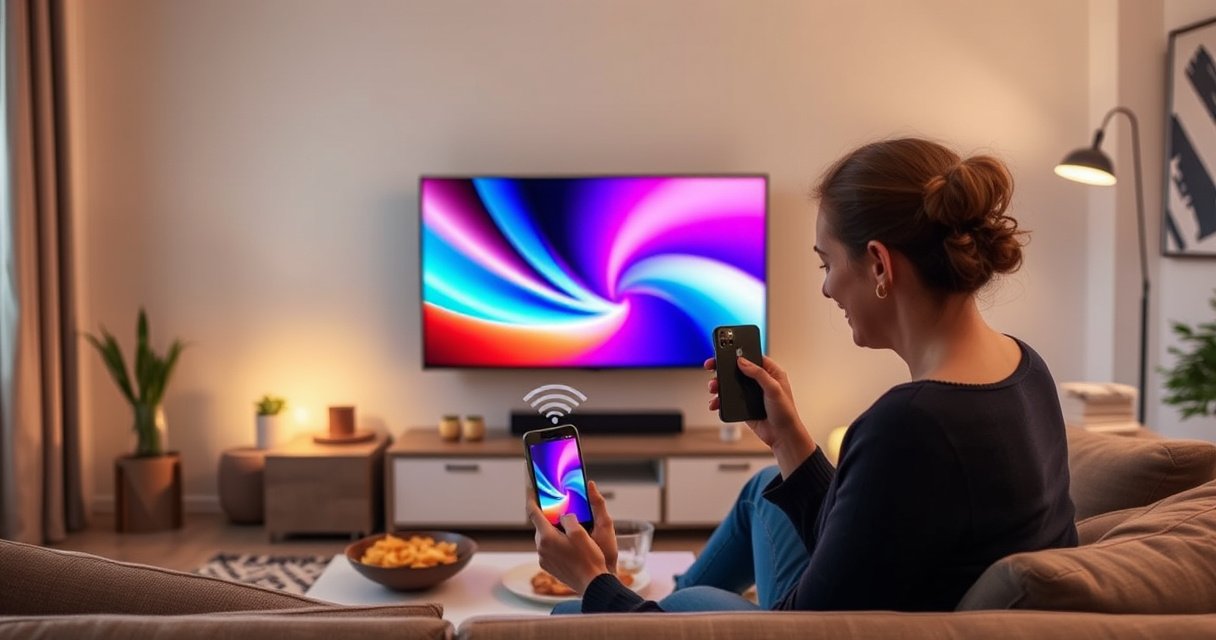 A cozy living room scene featuring a sleek smart TV displaying a vibrant smartphone screen mirroring app, with a comfortable sofa, soft lighting, and a person happily connecting their phone via a wireless method, surrounded by snacks and a warm ambiance, emphasizing the seamless connection and modern technology integration.