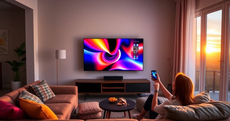 A modern living room with a sleek smart TV displaying a vibrant phone screen mirroring feature. A cozy couch with colorful cushions, a small coffee table with snacks, and a person joyfully swiping their phone. Soft ambient lighting creates a warm atmosphere, while a window shows a sunset, enhancing the inviting tech-savvy scene.