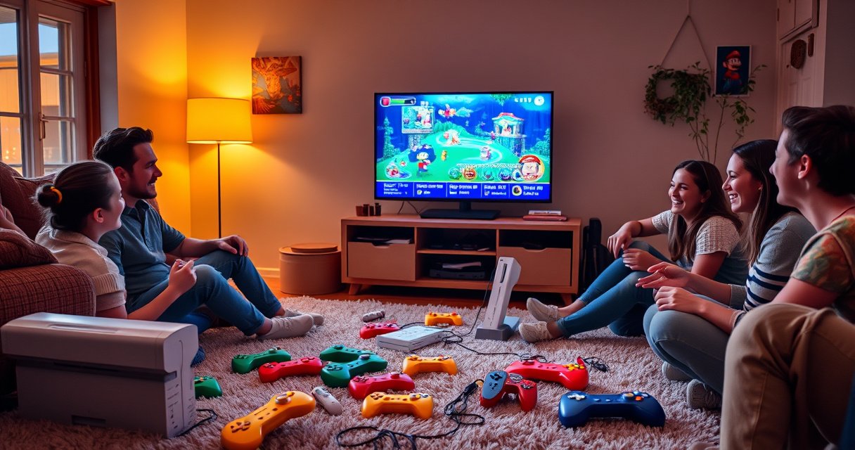 A cozy living room with a sleek smart TV displaying vibrant game graphics, a classic Wii console connected nearby. Colorful game controllers scattered on a plush rug, family members eagerly gathered around, laughter and excitement in the air. Warm lighting casts a nostalgic glow, blending retro gaming with modern technology, inviting viewers to reconnect with their favorite games.