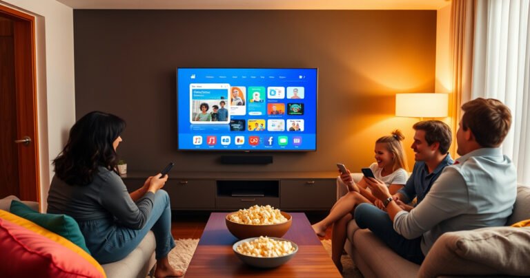 A sleek modern living room with a vibrant smart TV displaying an iPad interface, a cozy sofa adorned with colorful cushions, a coffee table with a bowl of popcorn, warm ambient lighting casting a soft glow, and a family excitedly connecting their devices, showcasing technology bridging togetherness and entertainment in a harmonious setting.