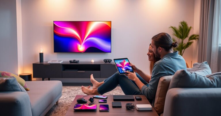 A sleek, modern living room featuring a stylish TV displaying a vibrant iPad screen, connected seamlessly. An inviting couch with colorful pillows, a cozy coffee table scattered with tech gadgets, and soft ambient lighting create a warm atmosphere. A couple sits engaged, excitedly exploring the iPad's features, illustrating the joy of tech connectivity.