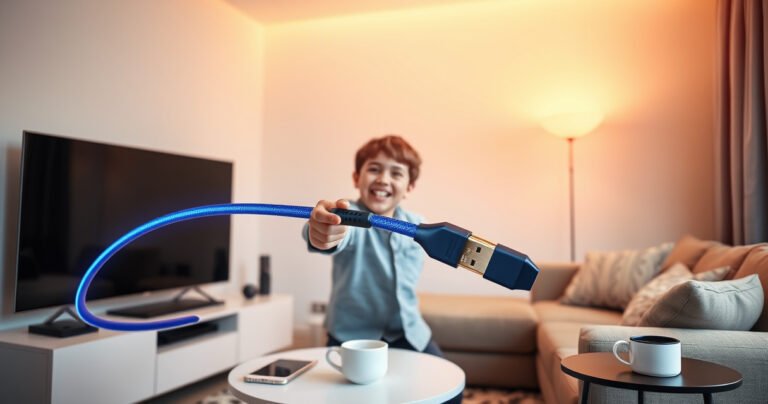 An inviting living room scene with a sleek flat-screen TV, a vibrant HDMI cable prominently displayed, and a cozy sofa nearby. Warm lighting illuminates the space, highlighting the joyful expression of a person reaching to connect the HDMI cable, surrounded by a few modern tech gadgets and a cup of coffee on a stylish side table.