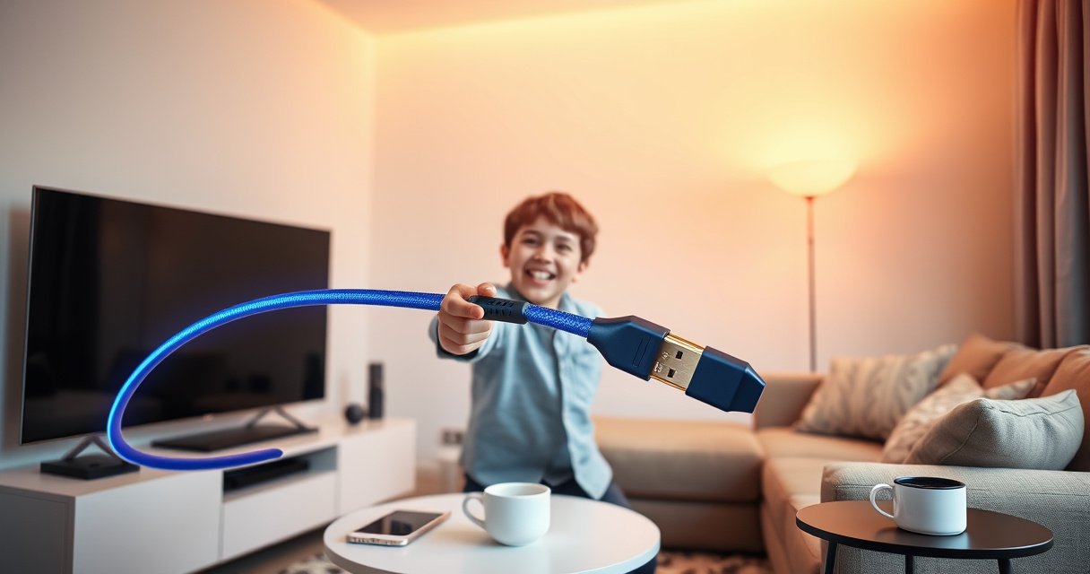 An inviting living room scene with a sleek flat-screen TV, a vibrant HDMI cable prominently displayed, and a cozy sofa nearby. Warm lighting illuminates the space, highlighting the joyful expression of a person reaching to connect the HDMI cable, surrounded by a few modern tech gadgets and a cup of coffee on a stylish side table.