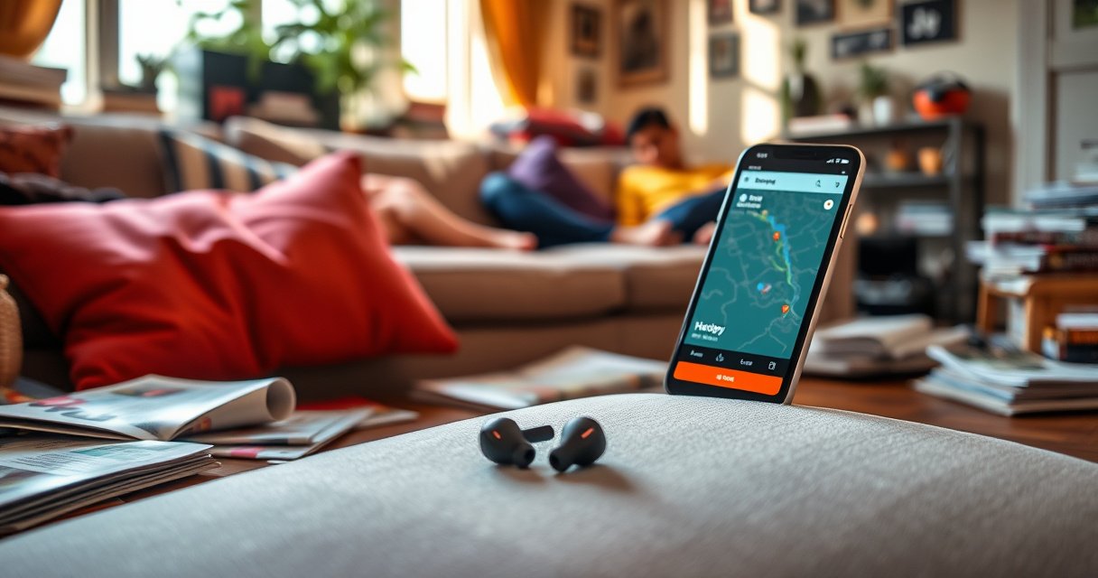A vibrant, cluttered living room with a sofa, coffee table, and scattered magazines, featuring a pair of sleek JBL earbuds partially hidden beneath a cushion. Sunlight streams through a window, illuminating the earbuds, while a smartphone displays a tracking app with a glowing map. An aura of urgency and hope fills the scene.