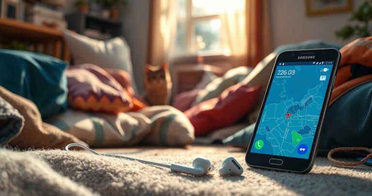 A vibrant, cluttered living room scene with a sleek Samsung smartphone displaying a map on the screen, earbuds glowing softly nearby, surrounded by scattered cushions and a cozy atmosphere. Sunlight filters through a window, casting playful shadows, while a curious cat peeks from behind a chair, adding a touch of whimsy to the hunt for lost earbuds.