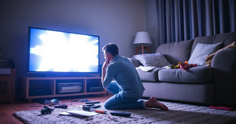 A frustrated homeowner kneels in front of a flickering TV screen, surrounded by scattered tools and a user manual. The room is dimly lit, with the glow of the screen illuminating their concerned expression. A nearby couch is cluttered with remotes and snacks, emphasizing the urgency of solving the TV issue.