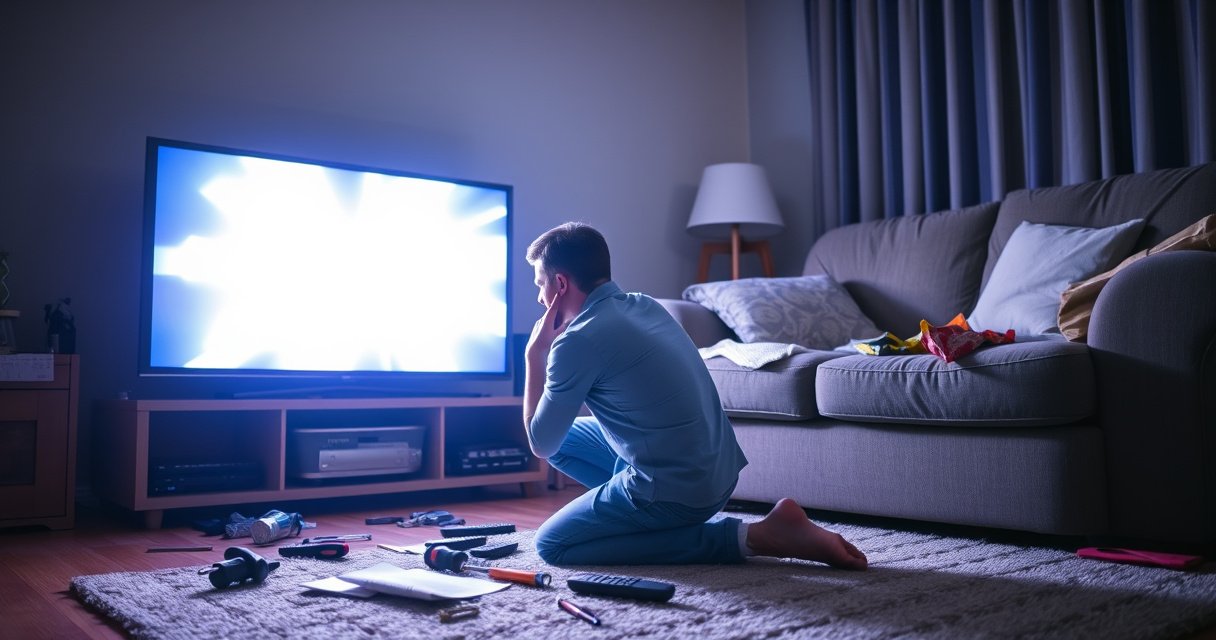 A frustrated homeowner kneels in front of a flickering TV screen, surrounded by scattered tools and a user manual. The room is dimly lit, with the glow of the screen illuminating their concerned expression. A nearby couch is cluttered with remotes and snacks, emphasizing the urgency of solving the TV issue.