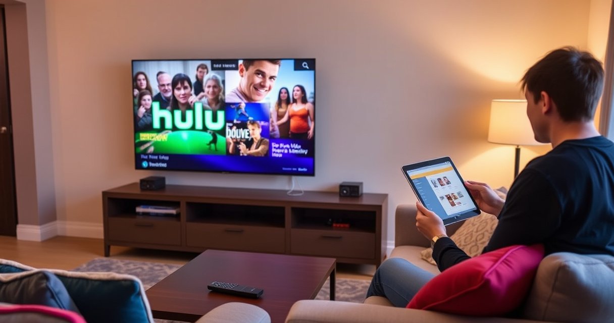 A modern living room with a sleek smart TV displaying the Hulu logo, vibrant streaming graphics in the background, cozy couch adorned with colorful cushions, a remote control on the coffee table, and a person eagerly setting up the TV with a tablet, warm lighting creating an inviting atmosphere.