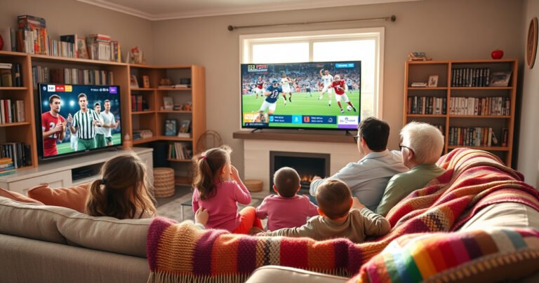 A cozy living room with a large flat-screen TV displaying vibrant local channels, surrounded by plush furniture and snacks. A family of four, excitedly watching a local sports game, with sunlight streaming through the window. Shelves filled with DVDs and a colorful throw blanket draped over the couch, creating a warm, inviting atmosphere.