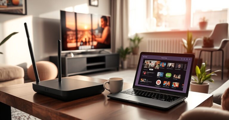A cozy living room scene featuring a sleek digital antenna on a stylish coffee table, with a modern TV displaying vibrant local channels. Sunlight streams through a window, illuminating a coffee cup and a laptop with streaming options open, surrounded by plants and inviting decor, conveying a comfortable, tech-savvy atmosphere for cord-cutters.