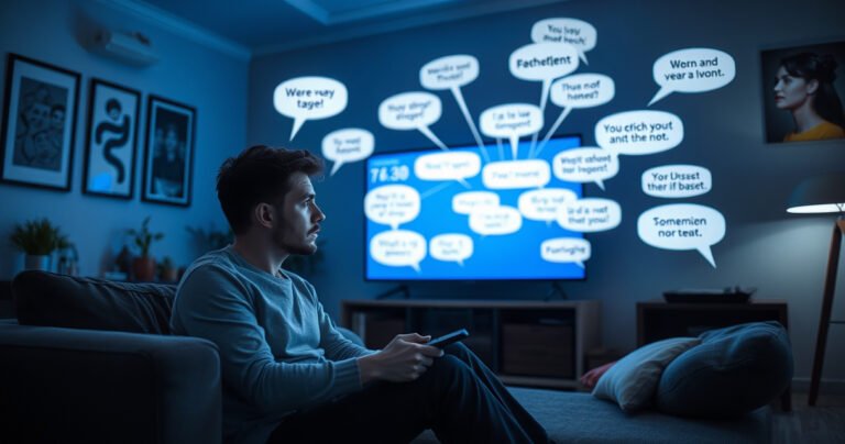A frustrated person sitting on a cozy couch, surrounded by modern decor, staring at a glowing Samsung TV with speech bubbles emerging from it, showcasing various voices and phrases. The room is dimly lit, with a remote control in hand, conveying a mix of confusion and determination in their expression.